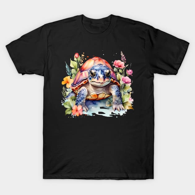 A turtle decorated with beautiful watercolor flowers T-Shirt by CreativeSparkzz